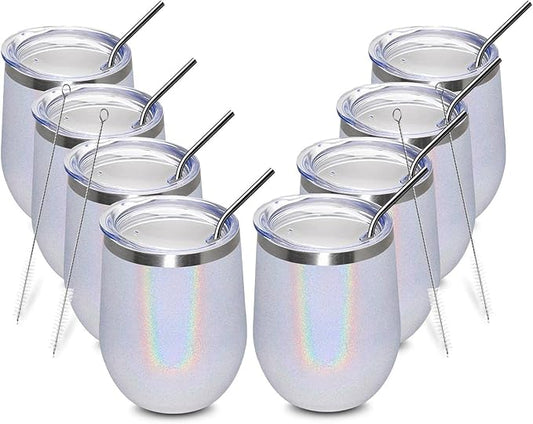 MEWAY 12oz/8 Pack Wine Tumbler Glasses with Lid - Stemless Double Wall Vacuum Stainless Steel Glitter Tumbler - Keeping Cold & Hot Cup for Coffee,Gift for Women(Rainbow White,Set of 8)