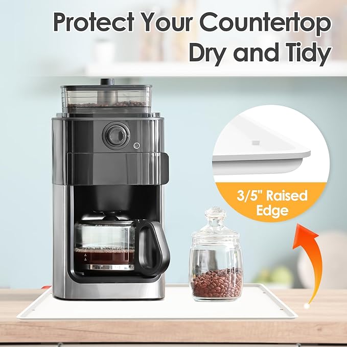 TOHONFOO Silicone Coffee Maker Mat with Lip, 19.7'' x 15'' Heavy Duty Coffee Maker Mat for Countertops, Coffee Tray Fit Under Coffee Machine Appliance Automatic Machines Espresso Accessory, White