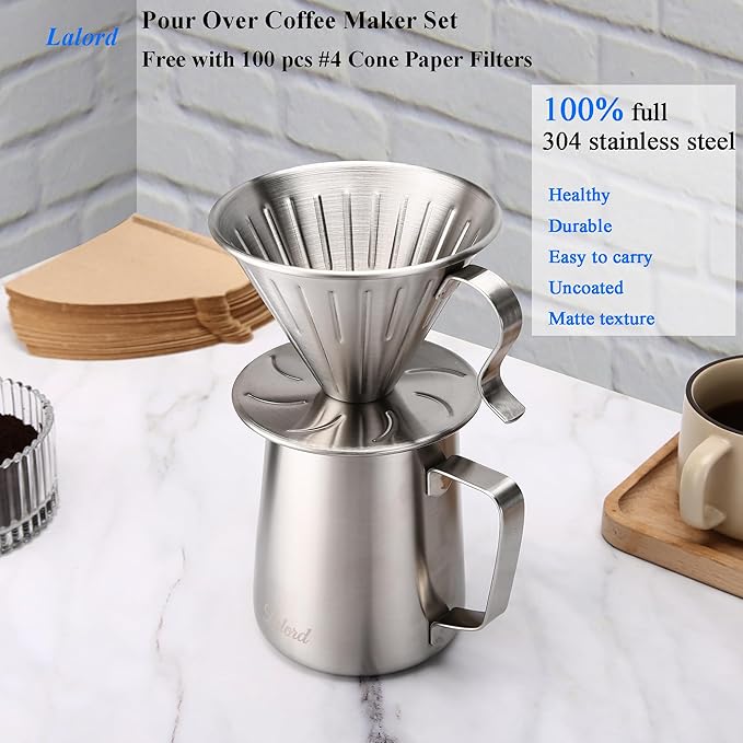 Pour Over Coffee Maker, 304 Stainless Steel wIth 100 pcs Size 02 Cone Paper Filters & 600ml Milk Frothing Pitcher, for Home & Camping