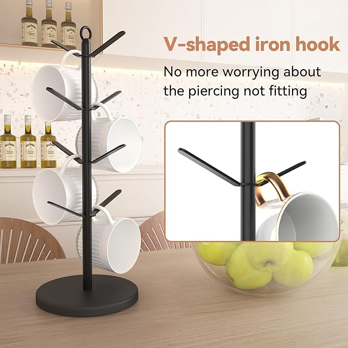 simesove Coffee Mug Holder, Non-Slip Cup Tree with 8 Hooks, Wood Stand Organizer for Counter, Bar and Kitchen Home Decor (Black)