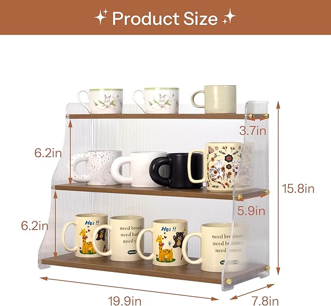 Coffee Mug Holder Wooden Cup Station Organizer 3 Tier Cup Holder for Coffee Bar Mug Display Rack for Countertop Mug Holder Shelf for Home Kitchen Trapezium-Nutbrown