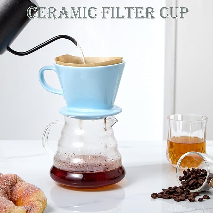 Pour Over Coffee Dripper, Ceramic Pour Over Coffee Maker with 3 Holes Flat Bottom, Easy Manual Brew Maker, Porcelain Slow Filter Cone for Travel, Camping, Office, Home, BL