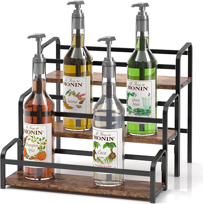 Coffee Syrup Organizer 3-Tier: Vintage Coffee Syrup Rack 12 Bottles Capacity, Free-Installation Coffee Station, Wine Rack for Countertop, Tiered Spice Racks for Cabinet, Bottle Display Shelf