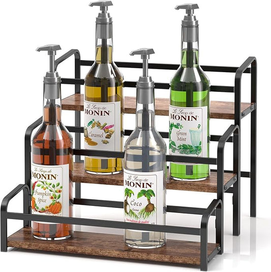 Coffee Syrup Organizer 3-Tier: Vintage Coffee Syrup Rack 12 Bottles Capacity, Free-Installation Coffee Station, Wine Rack for Countertop, Tiered Spice Racks for Cabinet, Bottle Display Shelf