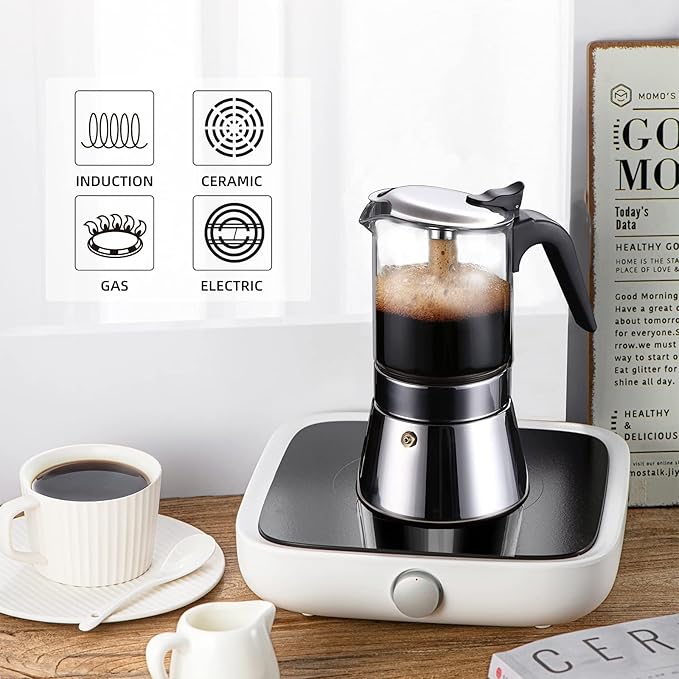 Moka Induction Stovetop Espresso Maker With Pressure valve,Crystal Glass-top & Stainless Steel Esprosso Moka Pot,240ml Classic Italian Coffee Maker