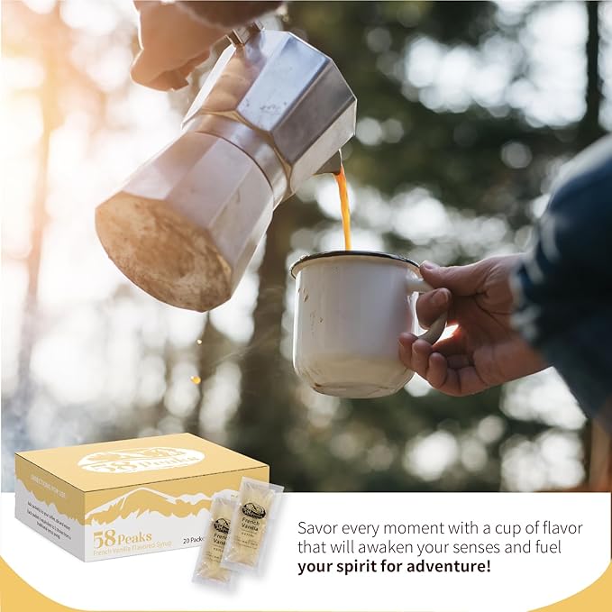 58Peaks French Vanilla Flavored Syrup Sweetener Packets for Hot and Cold Drinks | To-Go Syrup Flavoring Perfect for Coffee, Tea, Milkshake and More | Flavored Coffee Syrups for Travel | 15mL | 20-Pack