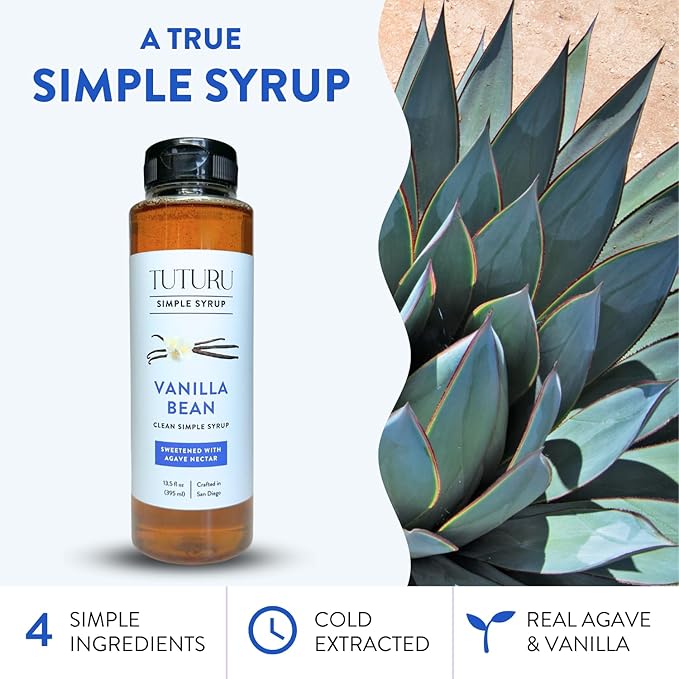 Vanilla Bean Agave Simple Syrup for Coffee & Cocktails - Sweetened with Organic Agave Nectar - Infused with Real Vanilla Bean - 13.5 oz