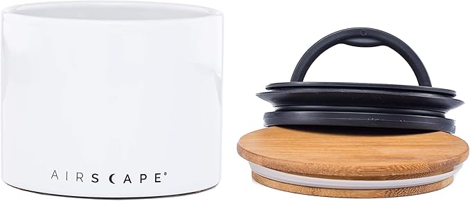 AirScape Planetary Design Ceramic Coffee and Food Storage Canister – Small 4-inch – US Patented Airtight Inner Lid – White with Bamboo Top