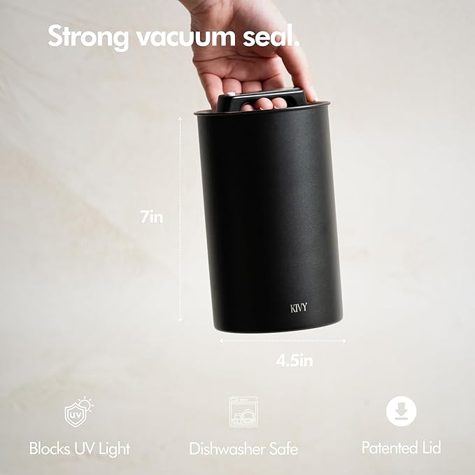 KIVY Vacuum Coffee Canister - Push Lid Preserves Coffee Aroma & Oil - Stainless Steel Airtight Coffee Canister - Removes Excess Air