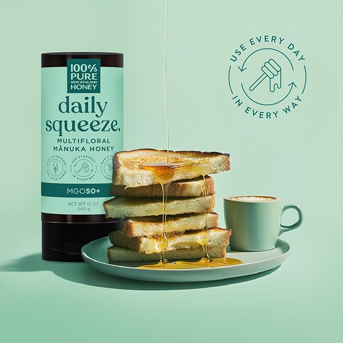 Manuka Honey New Zealand - MGO 50+ Multifloral 100% Pure New Zealand Mānuka Squeezy Honey, Raw Mānuka Honey, 12 Ounce