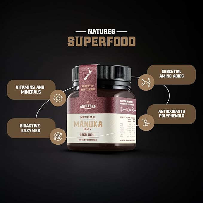 Gold Fern Honey - Raw New Zealand Manuka Honey | 8.8oz MGO 100+ | Pure, Natural, Unpasteurized, and Unfiltered Superfood Honey, Traceable from Hive to Hand.