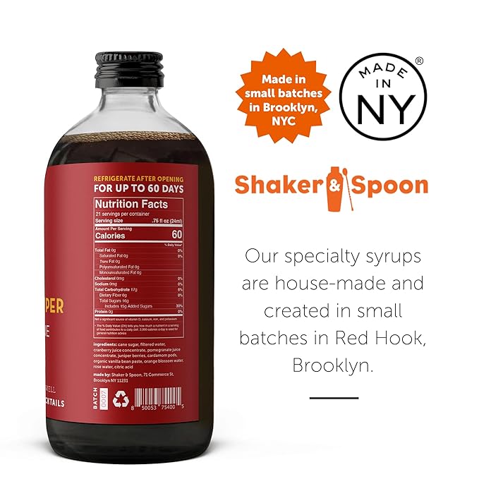 Shaker & Spoon Grenadine Cocktail Syrup, 16oz Cranberry, Juniper & Cardamom Flavored Syrups for Drinks, Vegan Craft Cocktail Mixers for Mocktails, Non Alcoholic Drinks