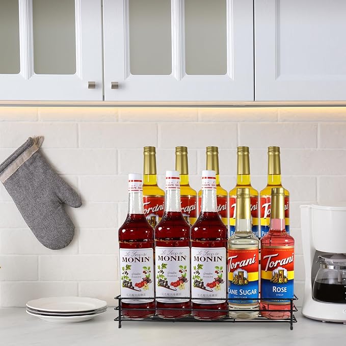 Coffee Syrup Organizer Rack 10 Bottles Syrup Bottle Holder Stand For Coffee Bar Accessories, 2 Tier Wine Bottle Storage Rack For Syrup, Wine, Liquor, Coffee Station Organizer For Kitchen Countertop