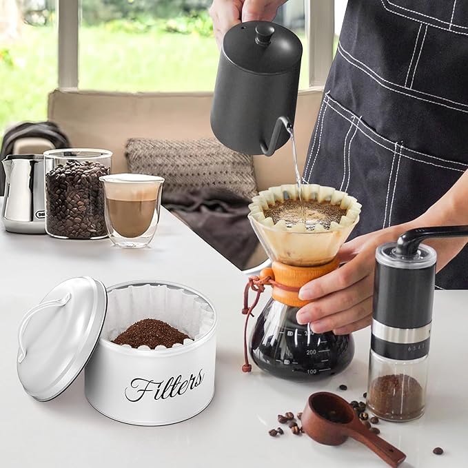 Coffee Filter Holder for Counter, Coffee Filter Storage with Lid, Round Container for Bar Accessories Decor (White)