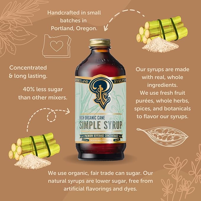 Portland Syrups Organic Cane Simple Syrup - Drink Mix for Exceptional Cocktails, Sugar for Drinks, for Coffee, Mocktails, Baking, 12 oz, 24 Servings - Pack of 2