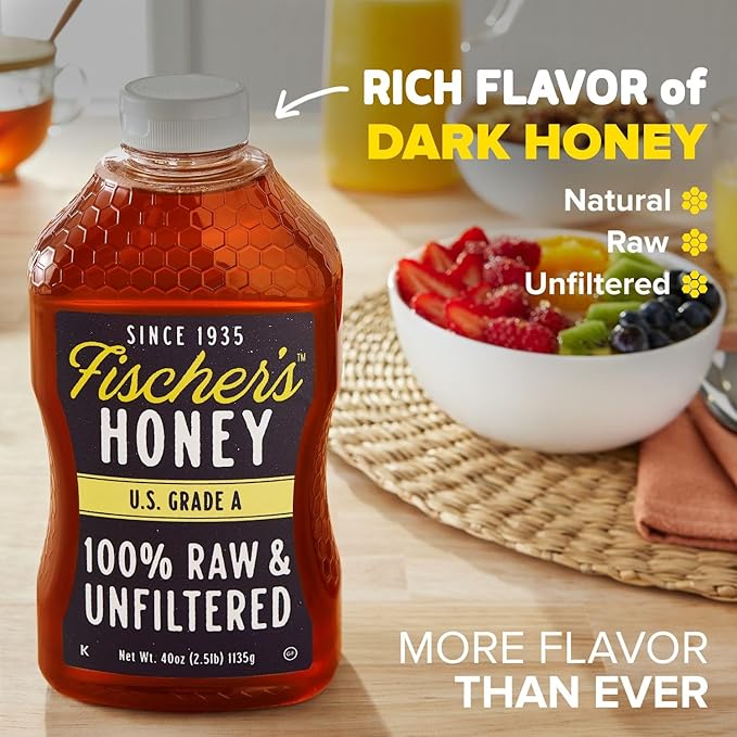 Fischer’s 100% Pure, Raw & Unfiltered Honey, 40 oz – USA Made Honey – All-Natural Sweetener – Rich Flavor Profile, Packed with Nutrients (Pack of 2)
