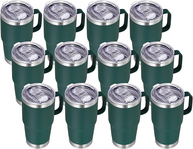 VEGOND 20 oz Tumbler Bulk with Handle Lid and Straw, Stainless Steel Insulated Travel Coffee Mug Set, Spill Proof Double Wall Metal Tumblers Cups, Dark Green 12 Pack