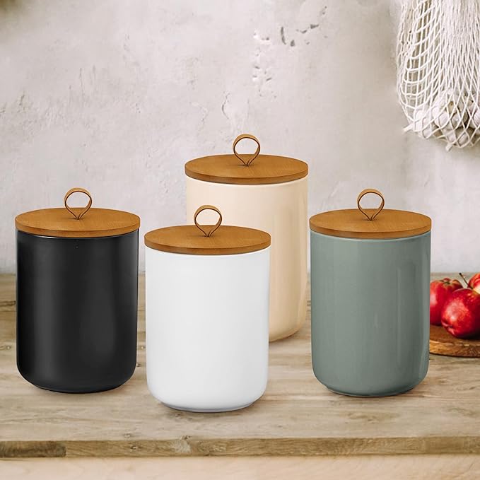 Large Ceramic Storage Jars, Modern Elegant Highly Polished Airtight Gorgeous Storage Canisters with Wooden Lid Food Storage Jar for Kitchen Spice Tea Vanilla Sugar Coffee Beans (White)