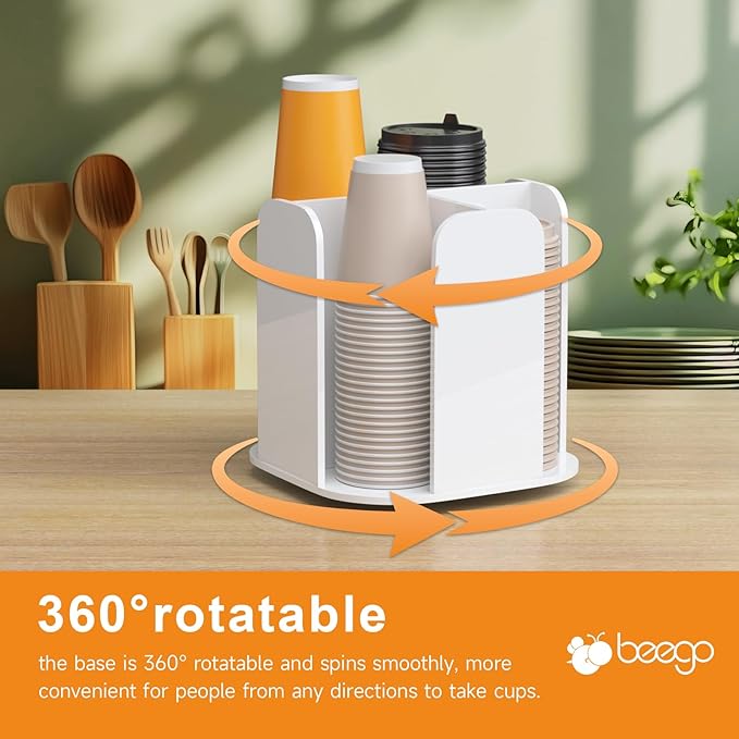 Beego Rotatable 4-Compartment White Acrylic Cup Dispenser - Coffee Station Cup and Lid Carousel Countertop Plastic Cup Holder for Restaurant Breakroom Coffee Bar