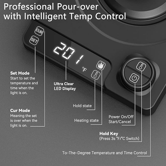 Electric Kettles, Gooseneck Electric Kettle, ±1℉ Temperature Control, for Pour Over Coffee and Tea, 304 Stainless Steel Inner, BPA-Free, Quick Heating Electric Kettles for Boiling Water, 1L Black