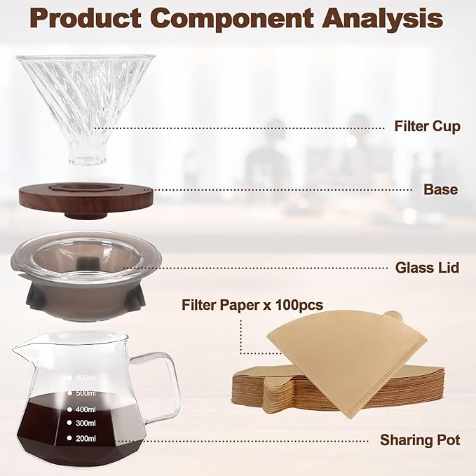 Pour Over Coffee Maker Set 600ml Portable with 100 Pcs Filter Paper Glass Coffee Maker High Borosilicate Glass Eagle Beak Spout Design Walnut Wood Base for Pour Over Dripper for Daily Brewing