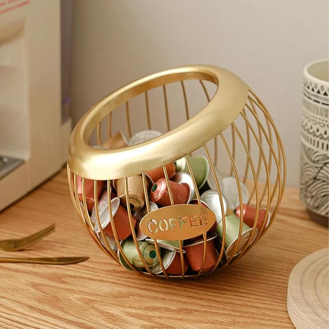 Coffee Pod Holder, Large Capacity Coffee Pod Organizer Iron Wire Basket Kcup Holder for Counter Home Kitchen Party Wedding Bar (Gold)