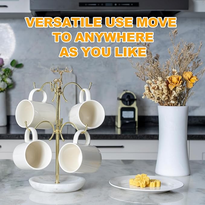BCS Mug Holder with Marble Base - 6 Hooks Mug Rack Coffee Cup Storage Tree Jewelry Display Stand Holder for Countertop