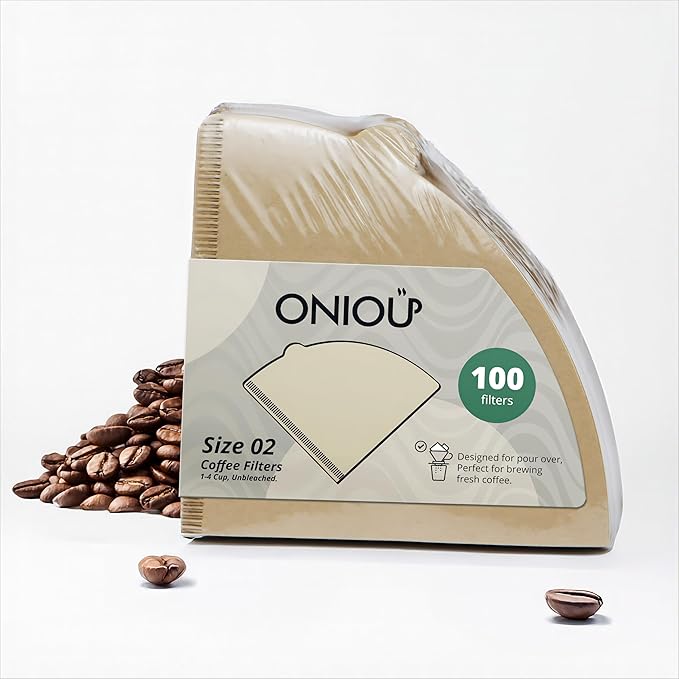 V60 Coffee Filters 02, ONIOU Unbleached Size 02 Cone Coffee Filters, 100 Count Natural Brown Pour Over Paper Filters for Hario V60 & Others 1–4 Cup Coffee Dripper - Package May Vary