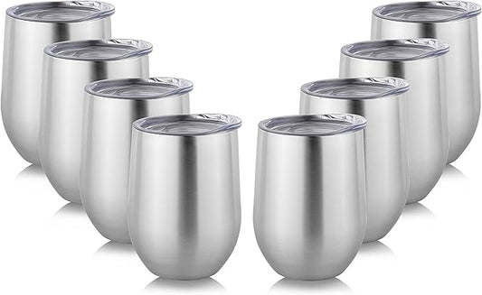 DOMICARE Stainless Steel Wine Tumbler Bulk with Lid, Personalized Insulated Tumblers Set, 12oz Travel Coffee Cups Pack of 8, ss steel