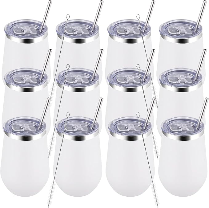 MEWAY Durable 12oz Stainless Steel Wine Tumbler with Lid and straw - Vacuum Insulated Coffee and Wine Cup for Travel, Parties, and Outdoor Events(White, Set of 12)