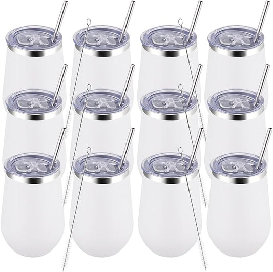 MEWAY Durable 12oz Stainless Steel Wine Tumbler with Lid and straw - Vacuum Insulated Coffee and Wine Cup for Travel, Parties, and Outdoor Events(White, Set of 12)