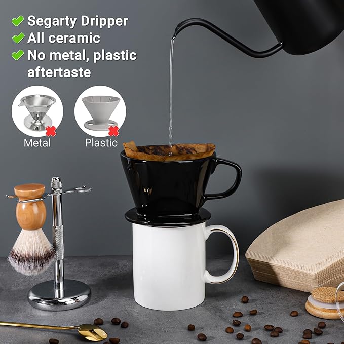 Segarty Pour Over Coffee Maker Set, Single Cup Black Ceramic Coffee Dripper with 200PCS Size #2 Cone Filter Paper, Slow Drip Pourover Brewer for Home Office Travel Camping
