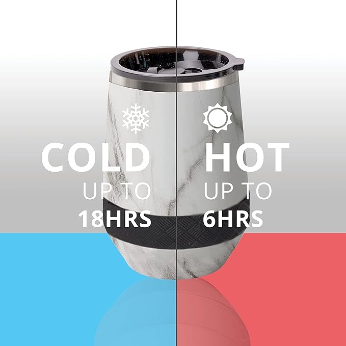 Elemental Recess Wine Tumbler - Triple Wall Insulated Stainless Steel Coffee Mug for Hot & Cold Drinks - Portable Cup with Shatterproof Sip Lid for Camping, Outdoor & Travel - 10oz - White Marble