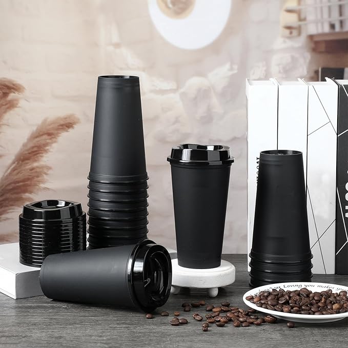 Domensi 30 Pack Reusable Coffee Cups with Lids 16 oz Disposable Travel Cups Bulk Plastic to Go Coffee Tumblers for DIY Hot Cold Drink Party Favors Coworker, Microwaveable (Black)