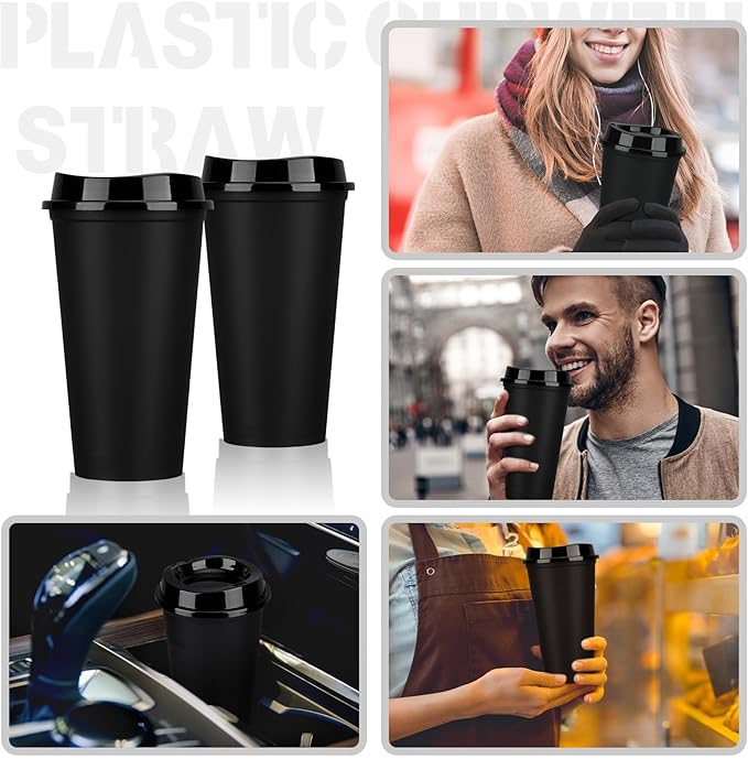 Domensi 30 Pack Reusable Coffee Cups with Lids 16 oz Disposable Travel Cups Bulk Plastic to Go Coffee Tumblers for DIY Hot Cold Drink Party Favors Coworker, Microwaveable (Black)