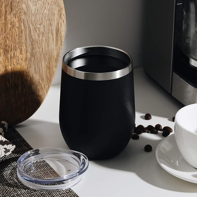 MEWAY 12OZ/8 Pack Wine Tumbler Glasses with Lid - Stemless Double Wall Vacuum Stainless Steel Travel Tumbler - Keeping Cold & Hot for Wine,Coffee,Cocktails,Drinks-Family and Gifts (Black,Set of 8)