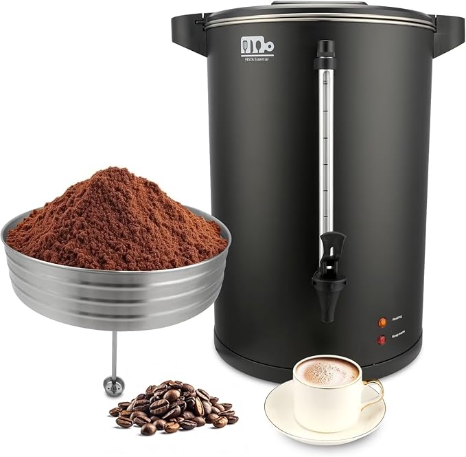 115-Cup 20L Commercial Coffee Urn, Festa Essential 1500W Double Wall Large Percolate Coffee Maker Stainless Steel Hot Water Urn Dispenser with Double Dripless Faucet, Quick-Brewing for Catering, Black