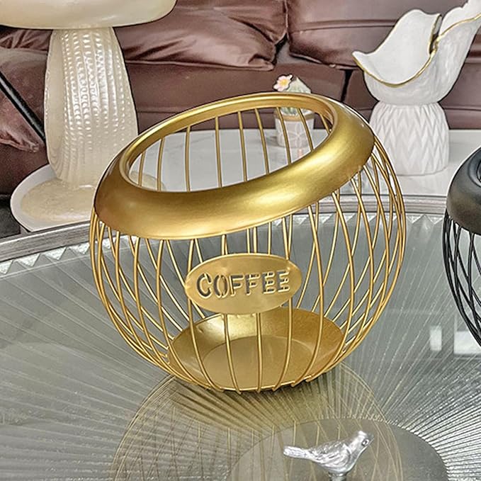 Coffee Pod Holder, Large Capacity Coffee Pod Organizer Iron Wire Basket Kcup Holder for Counter Home Kitchen Party Wedding Bar (Gold)