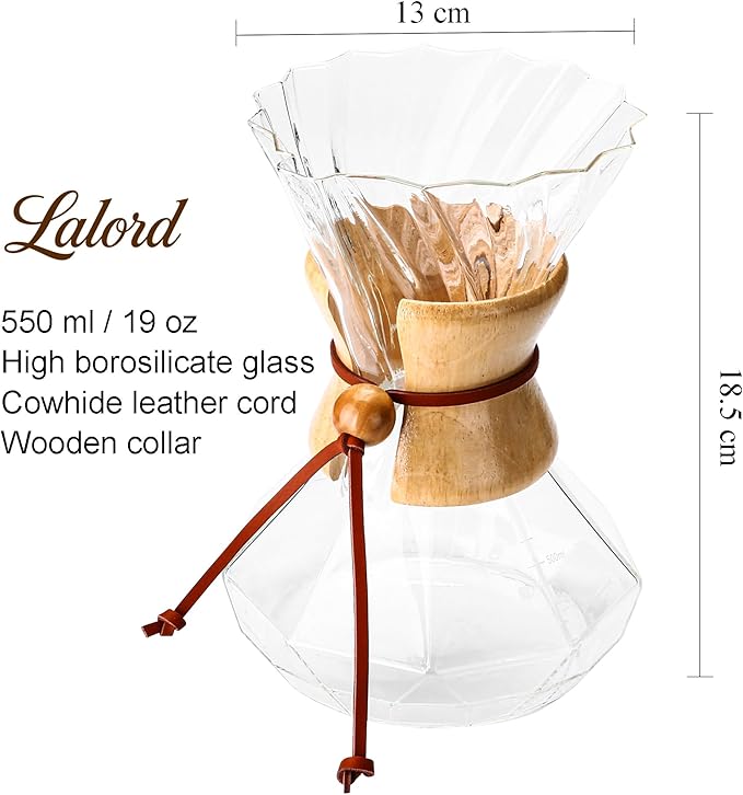 Pour Over Coffee Maker, 19 oz Borosilicate Glass Coffee Carafe with 100 PCS Paper Filter, Wooden Collar & Cowhide rope, Glass Coffee dripper (Clear, 550 ml)