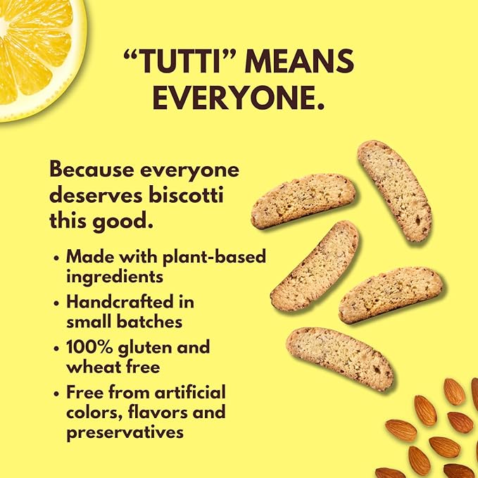 Tutti Gourmet Gluten Free Lemon Biscotti, 9.9 oz (283g) Resealable Cookie Bag - Vegan and Halal Snacks