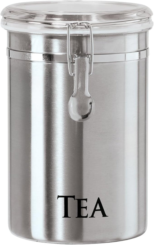 Oggi Stainless Steel Tea Canister 62 fl oz - Airtight Clamp Lid, Clear See-Thru Top - Ideal for Tea Bag, Loose Tea, Kitchen Storage, Pantry Storage. Large Size 5" x 7.5".