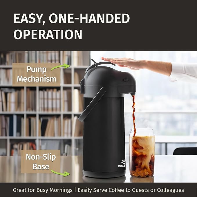 Airpot Coffee Dispenser With Pump, Black - 12 Hours Hot Water Dispenser with Pump, 36 Hours Cold - Coffee Thermal Carafe for Hot Drinks, Tea Flask for Beverages -Large Carafe w/ One-Handed Dispensing