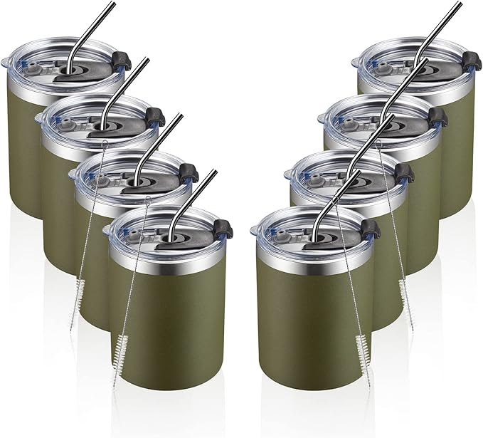 MEWAY 12oz/8Pack Coffee Mug With Lid, Insulated Stainless Steel Reusable Coffee Cup, Double Wall Durable Coffee Mug, Powder Coate，For Coffee, Beer, Home, Office(Army Green,8 Pack)