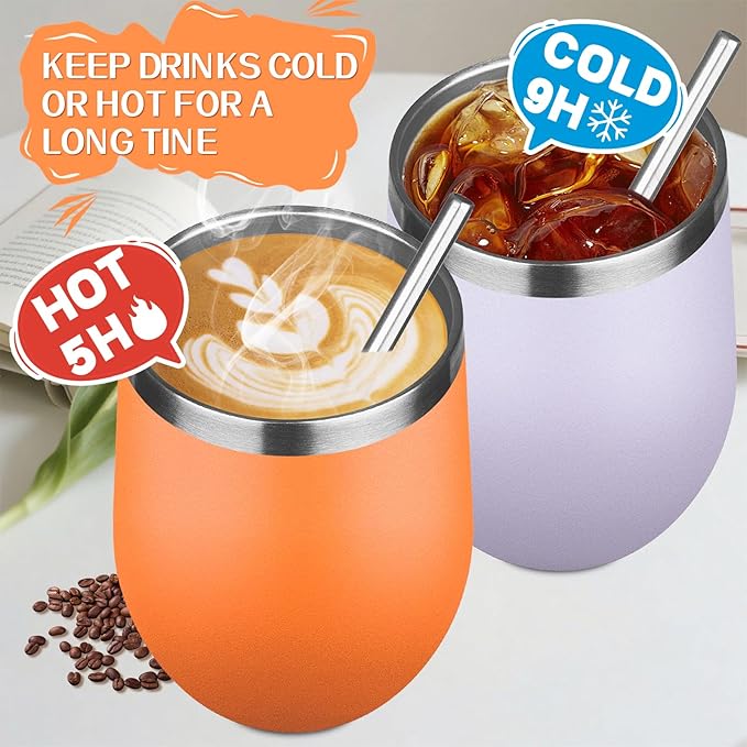 12oz/4 Pack Stainless Steel Wine Tumbler with Lid and Straw, Double Wall Vacuum Insulated Wine Tumbler Glasses, Stemless Travel Mugs for Hot and Cold Drinks, Coffee, Wine, Cocktails