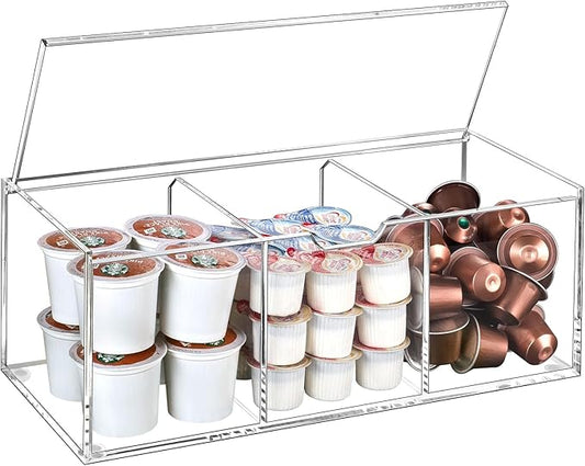 BEYGORM Acrylic Coffee Pod Holder with Lid for 24 Kcup, Clear Coffee Capsule Storage Organizer,3 Compartments Coffee Bar Station Organizer Compatible with Coffee Pod, Coffee Creamer