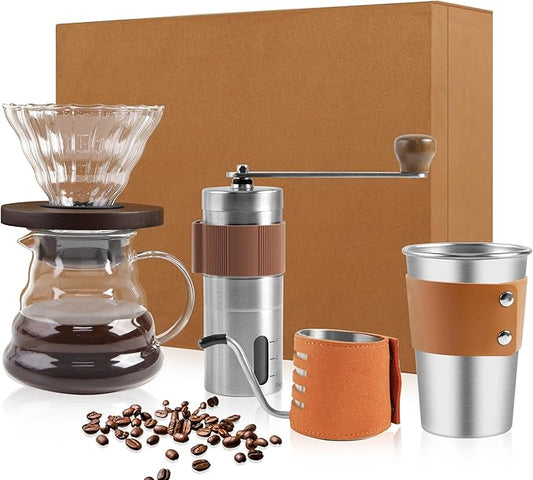 LHS Pour Over Coffee Maker Set - 4 Piece Kit Includes Gooseneck Kettle, Removable Coffee Mill Grinder, 500ML Cup & Coffee Dripper Brewer with Lid, Perfect for Home Brewing and Travel