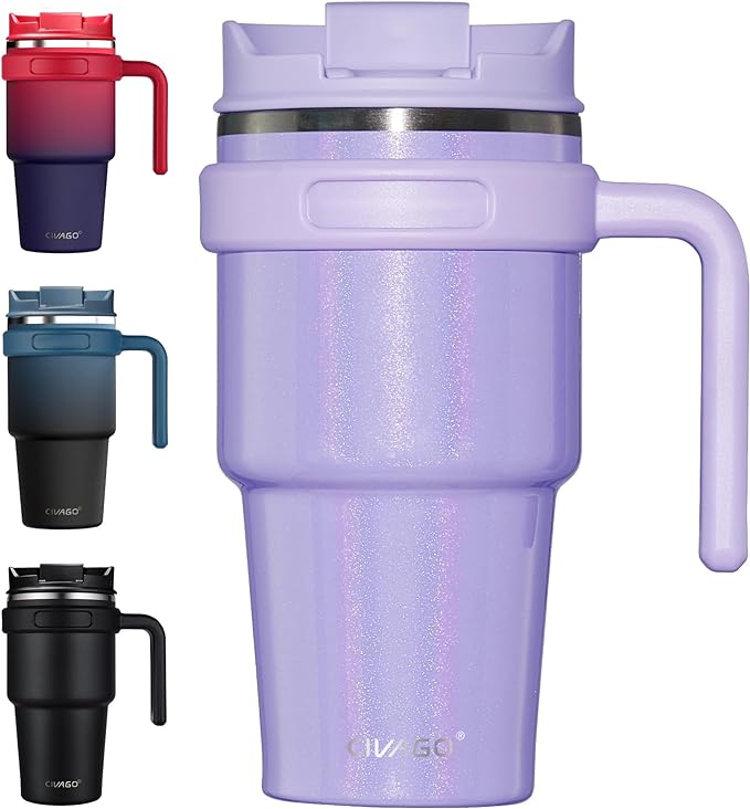 CIVAGO 20 oz Tumbler Mug with Lid and Straw, Insulated Travel Coffee Mug with Handle, Double Wall Stainless Steel Vacuum Coffee Tumbler, Thermal Coffee Cup, Flip lid, Lavender Glitter