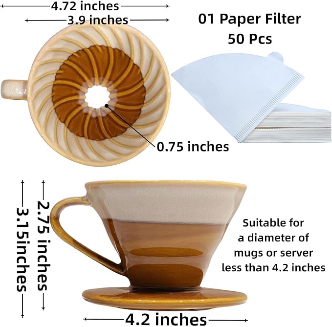 Handmade Ceramic Pour Over Coffee Dripper with 50 Pcs V60 Coffee Filters - Portable Drip Coffee Brewer for Travel, Camping, Office or Home - Artisanal Pottery Gift for Enthusiasts
