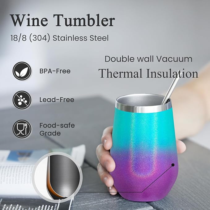 MEWAY 12oz Insulated Wine Tumbler Set of 4 - Double Wall Stainless Steel Stemless Wine cups Glasses with Lids, Gift for Family and Gifts, Prizes for adults(Glitter Aurora,Set of 4)