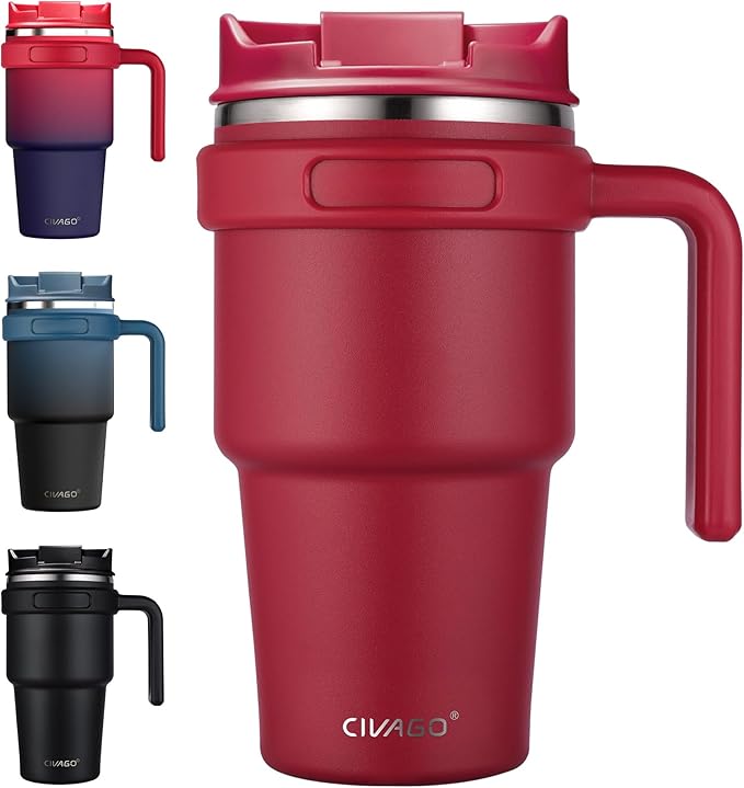 CIVAGO 20 oz Tumbler Mug with Lid and Straw, Insulated Travel Coffee Mug with Handle, Double Wall Stainless Steel Vacuum Coffee Tumbler, Thermal Coffee Cup, Flip lid, Red